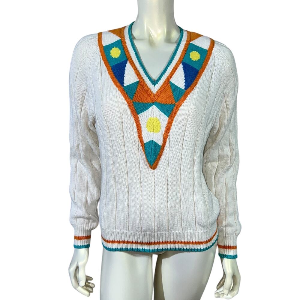 Vintage 90s Room Works Geometric Art Deco V Neck Cotton Sweater White M